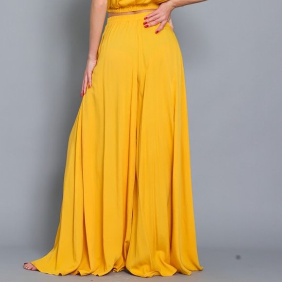 Yellow Wide Leg Pant Set with Crop Top - Picture 3 of 13